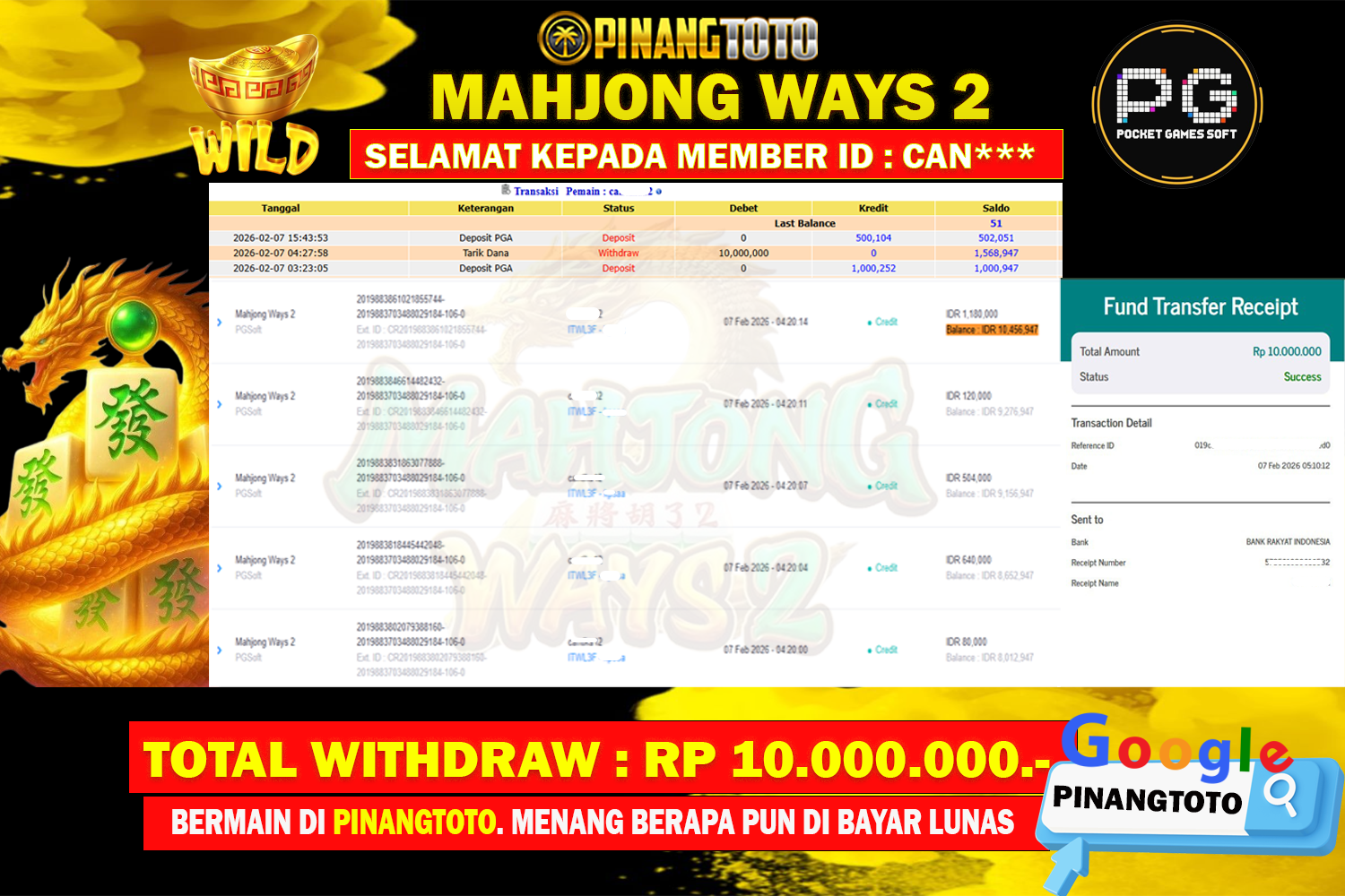 SELAMAT KEPADA PEMENANG MEMBER MERAIH JACKPOT DI GAME SLOT MAHJONG WAYS 2  (PG SOFT) TOTAL RP 10.000.000 DI BAYAR LUNAS